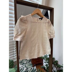 VERO MODA Lace Puff Sleeve Crew Neck Blouse Cream Ivory XS Open Weave EUC